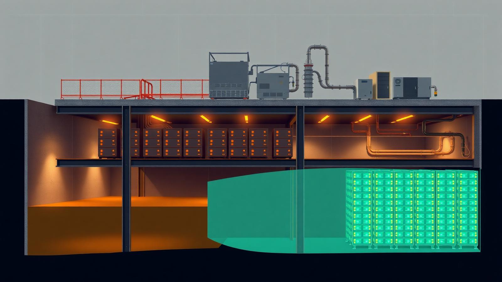 Architektonický řez datovou halou s technologiemi