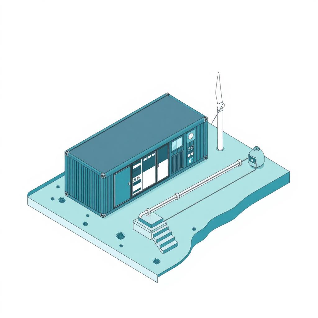 Izometrická ilustrace mobilního kontejnerového datového centra u zdroje energie